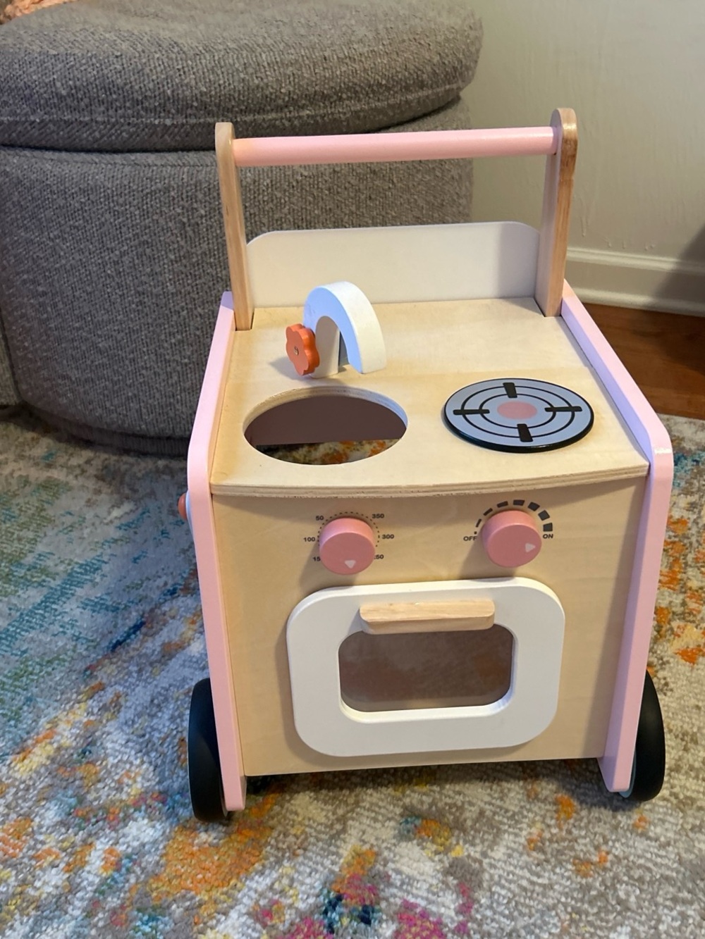Wooden Kids Play Kitchen Walker - Pink wooden push walker and play kitchen